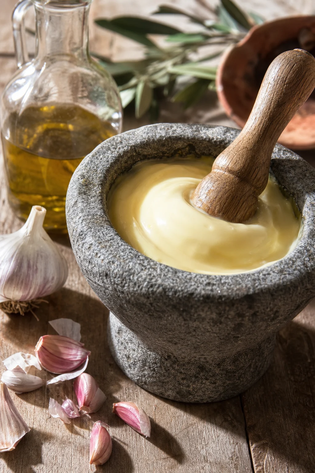 Klassische Aioli im Steinmörser mit Knoblauch und Olivenöl