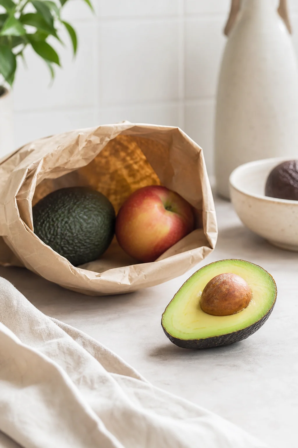 Avocado mit Apfel in Papiertüte zum Nachreifen