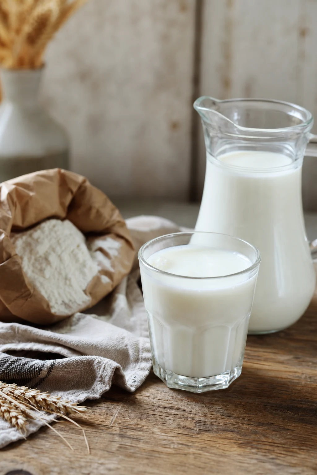 Glas frische Buttermilch auf Holztisch