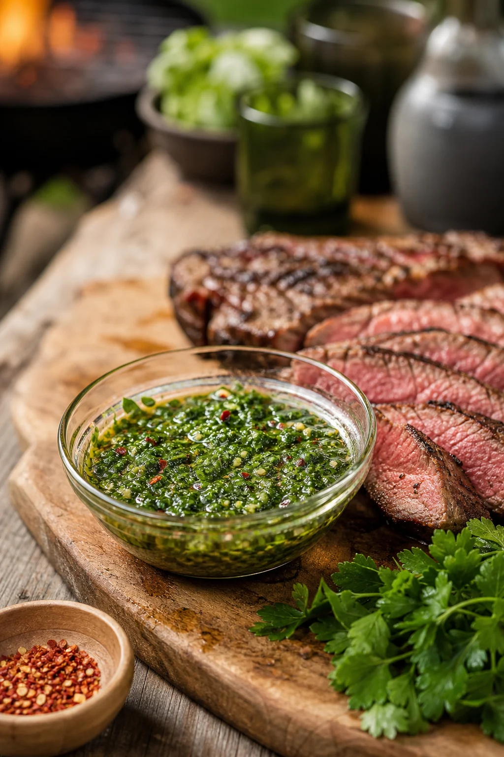 Chimichurri mit gehackter Petersilie in Glasschale