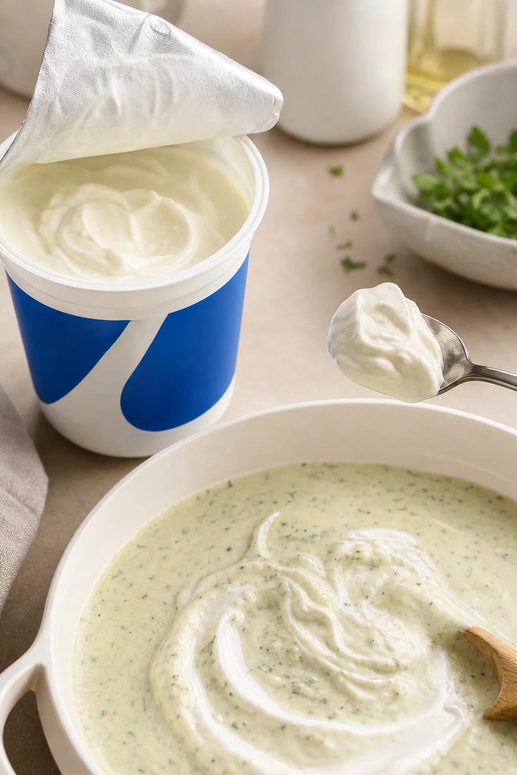Cremige Crème fraîche mit Löffel