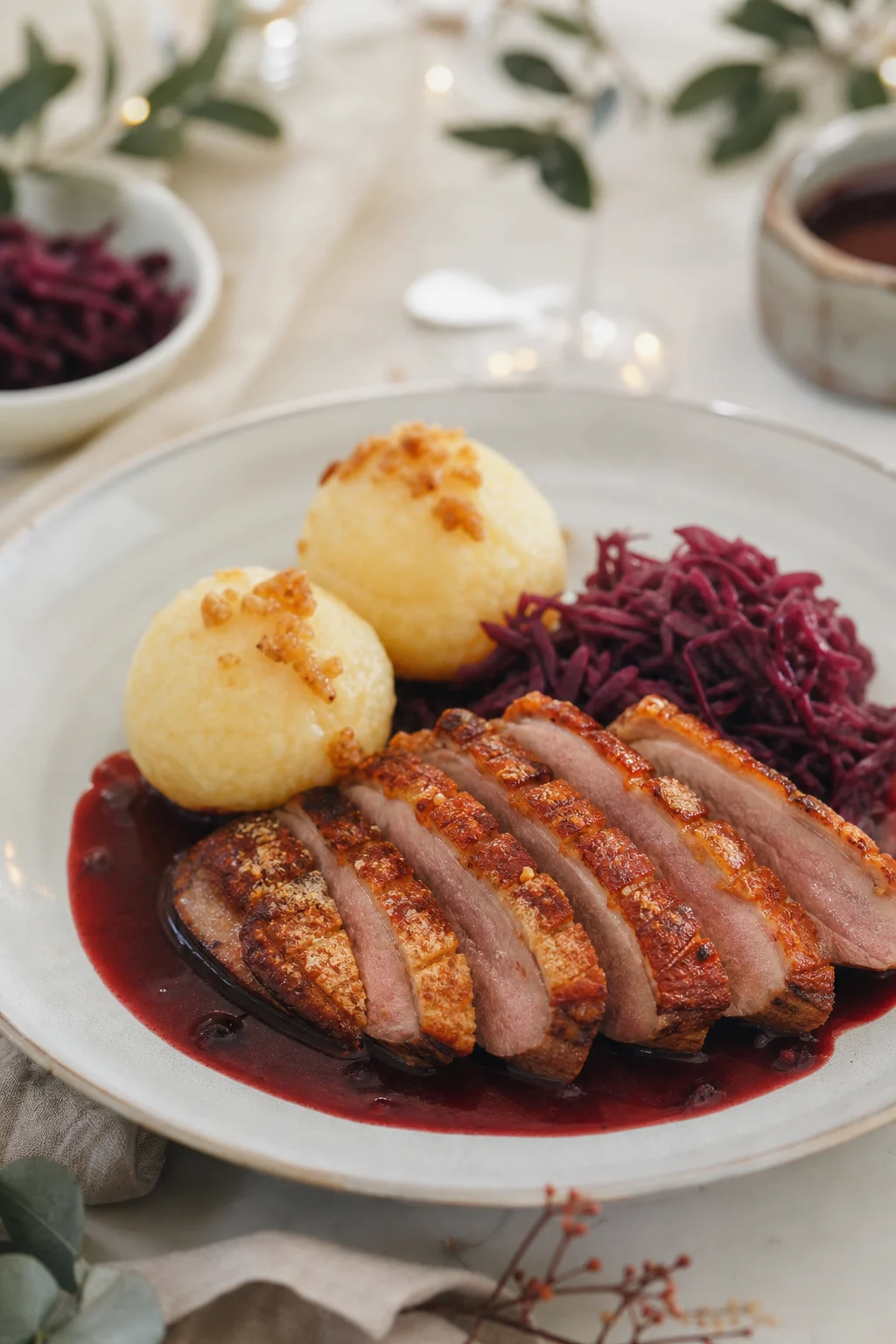 Knusprige Entenbrust mit Rotkohl und Klößen