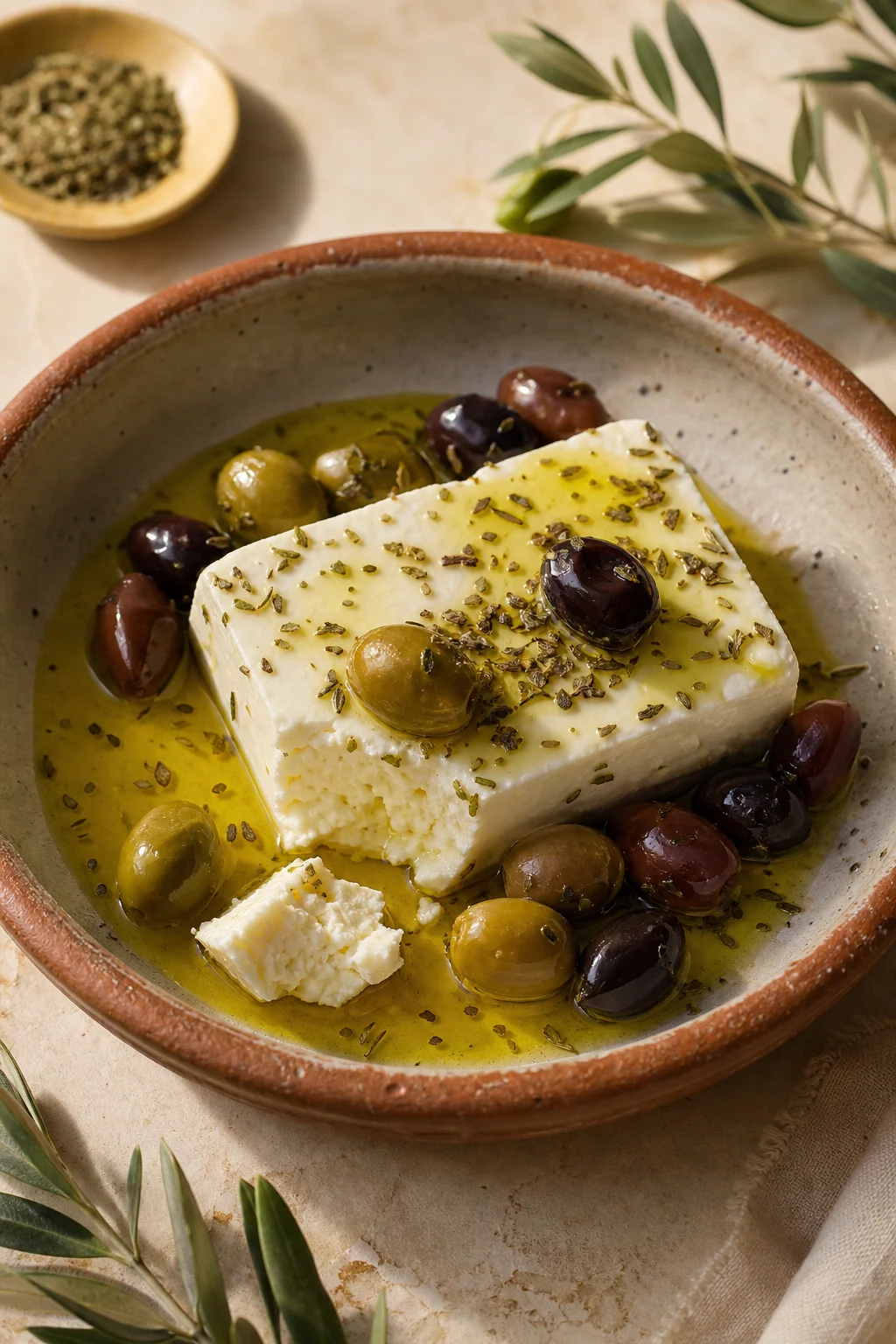 Feta-Block in Lake mit Oliven und Oregano