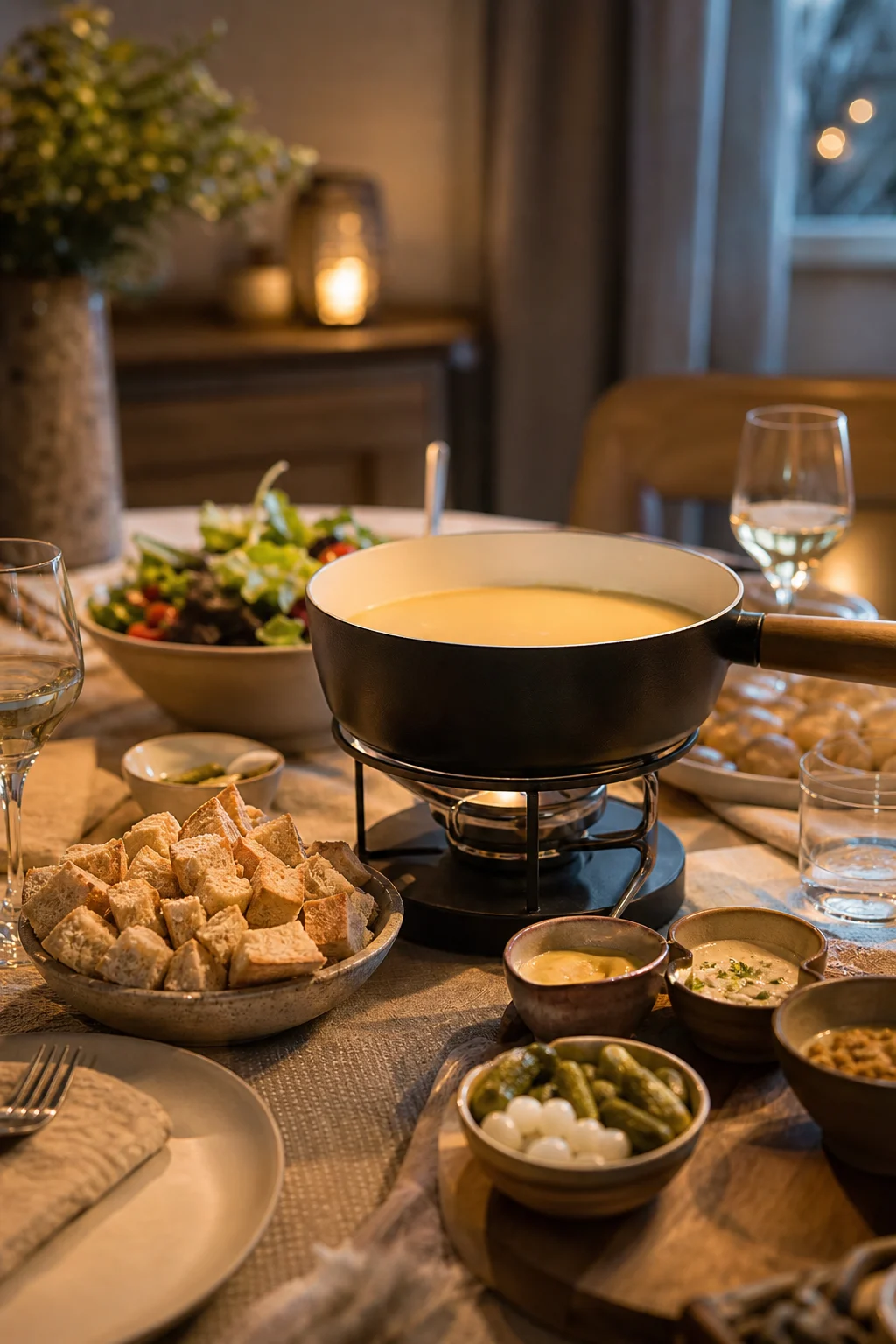 Fondue-Tisch mit Brot, Pickles und Dips