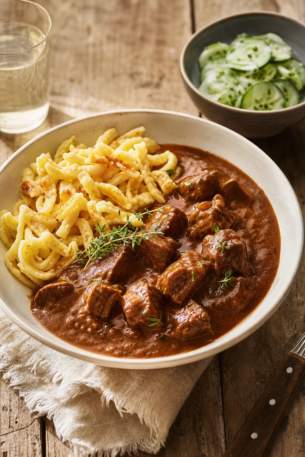Gulasch mit Spätzle und Gurkensalat