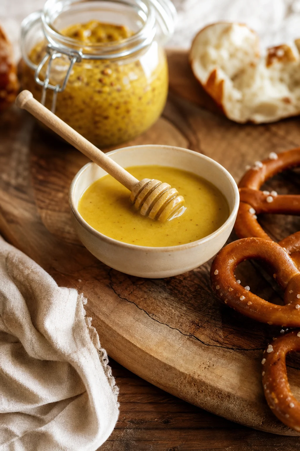 Honig-Senf-Dip mit Honiglöffel und Brezeln