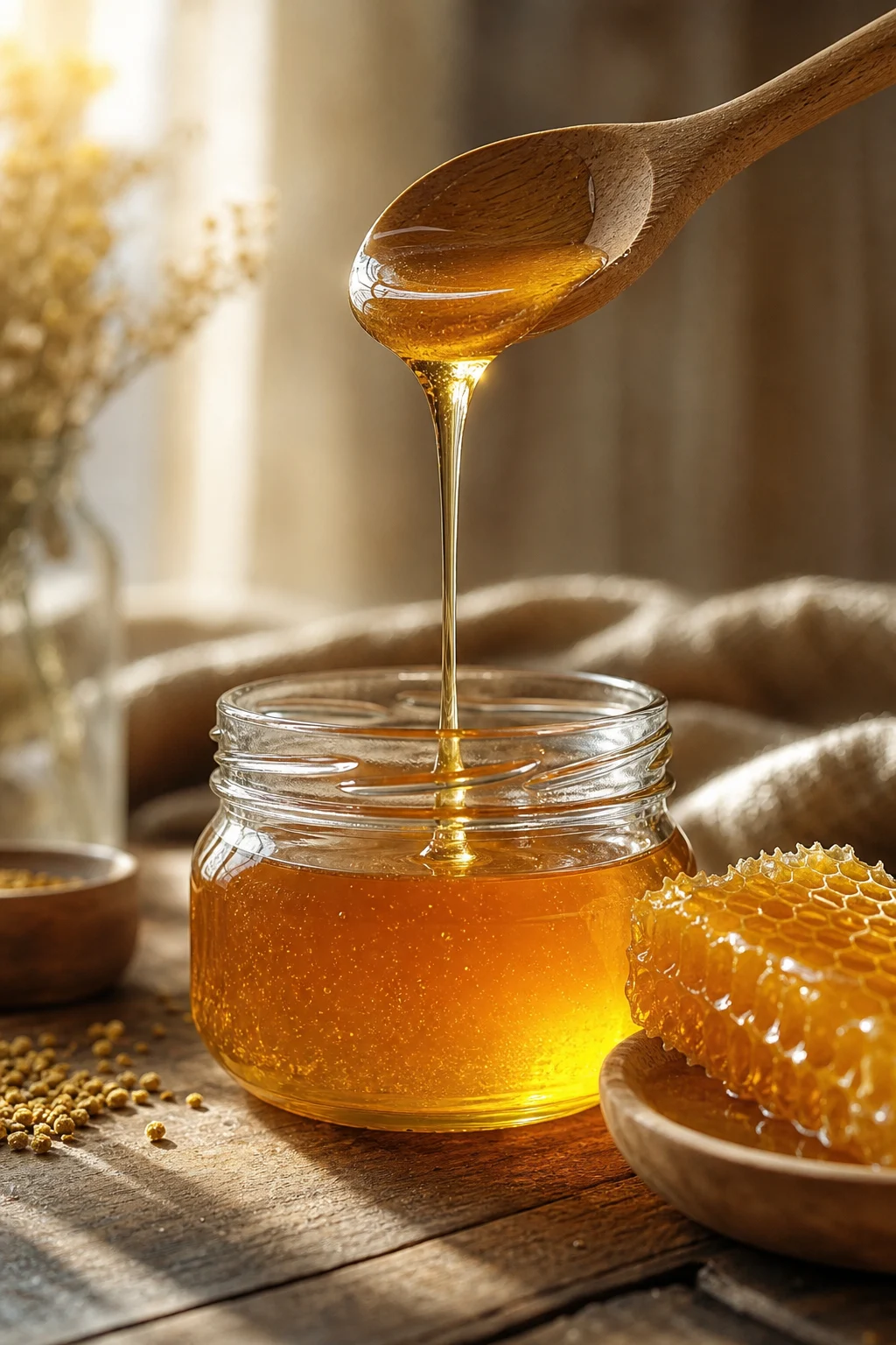 Goldener Honig läuft von einem Holzlöffel