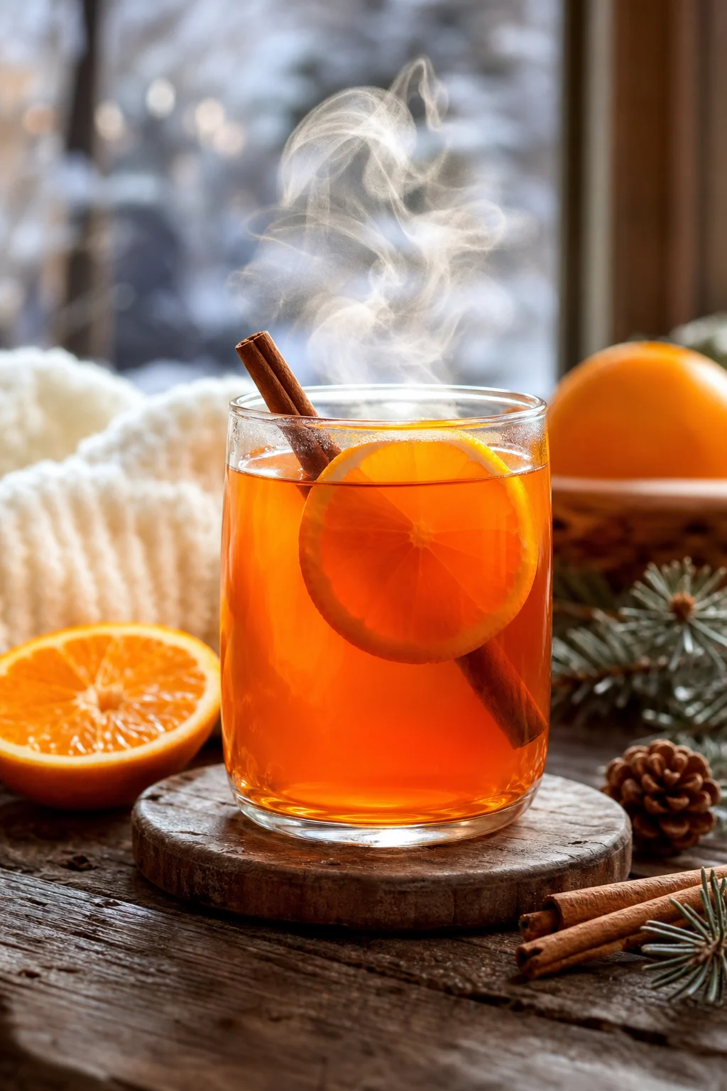 Dampfender Hot Aperol mit Orange und Zimt