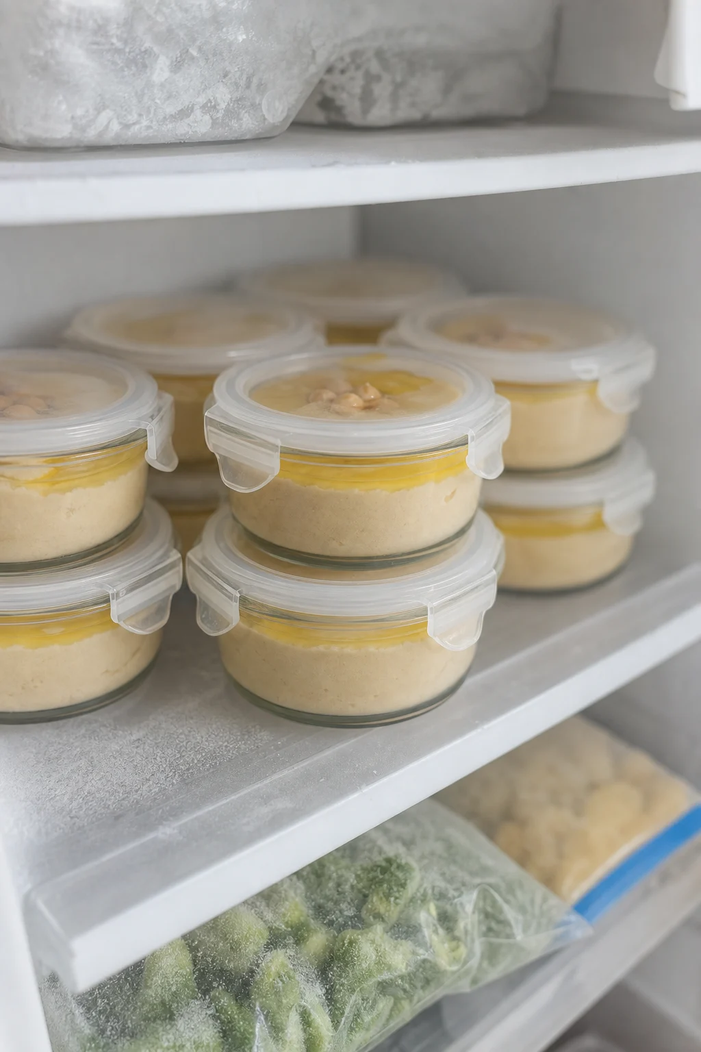 Hummus in Glasbehältern zum Einfrieren portioniert