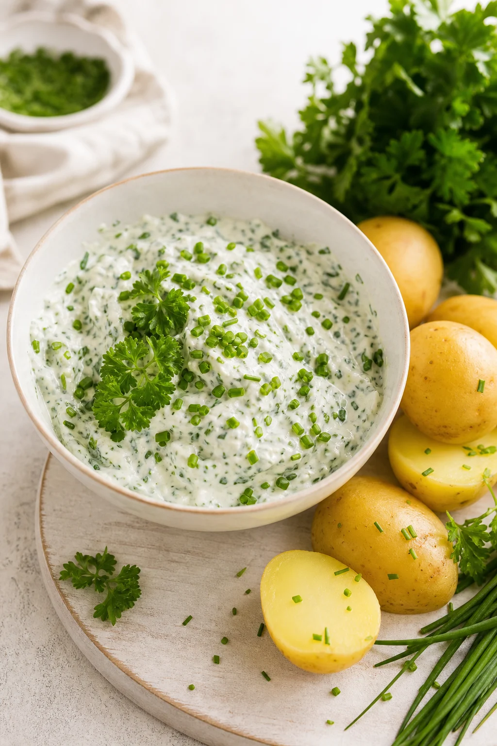 Kräuterquark mit frischen Kräutern in einer Schale