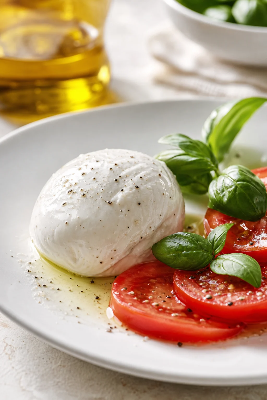 Frische Mozzarella-Kugel mit Tomate und Basilikum