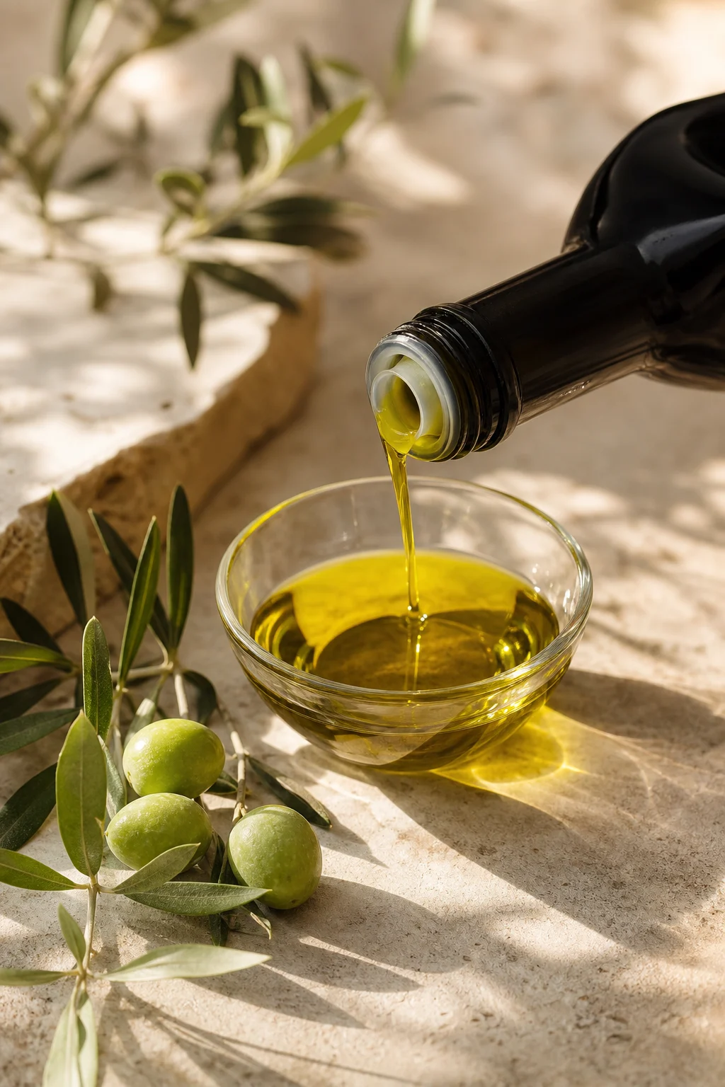Goldgrünes Olivenöl mit Oliven und dunkler Flasche