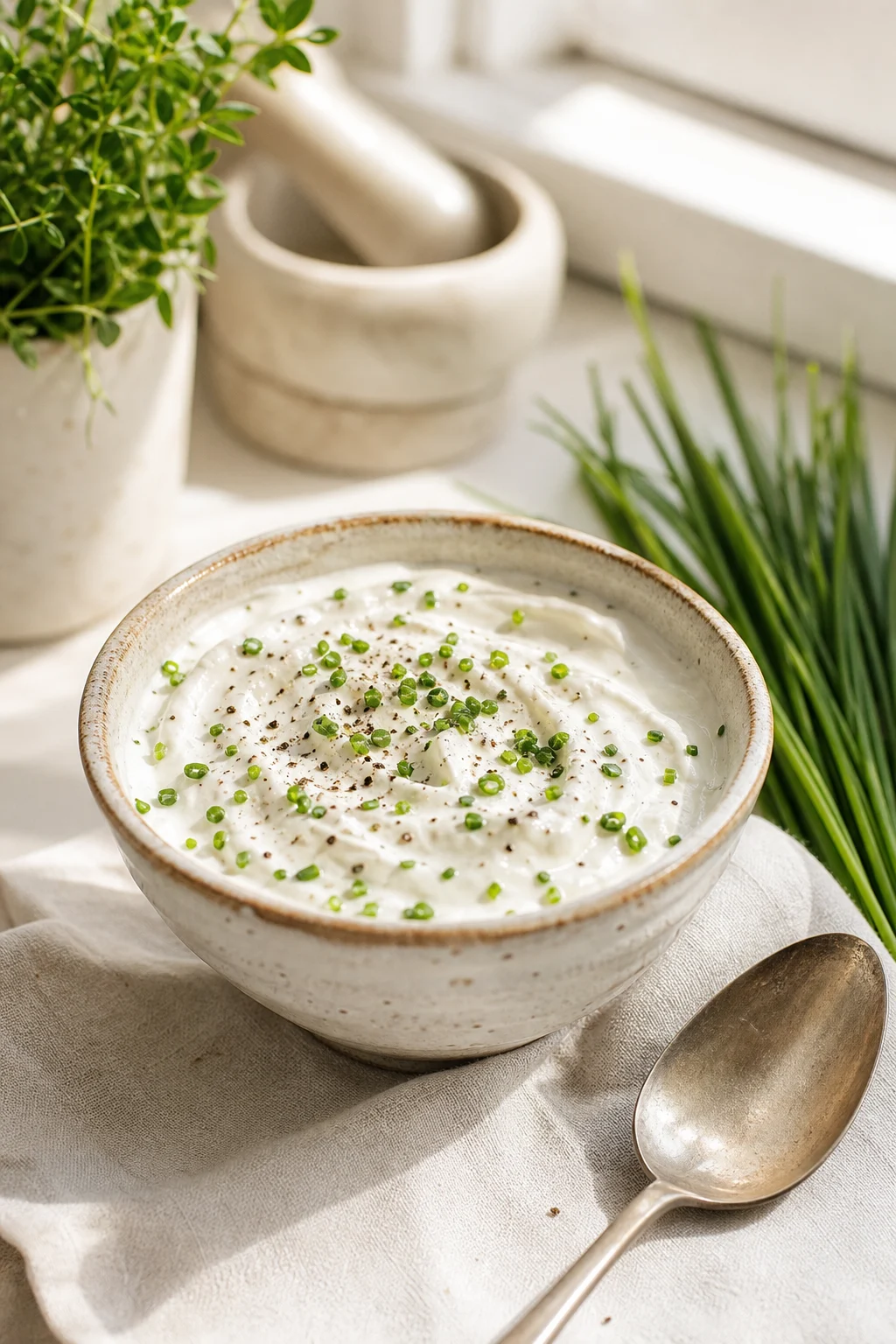 Cremiger Quark in einer Schale mit Kräutern