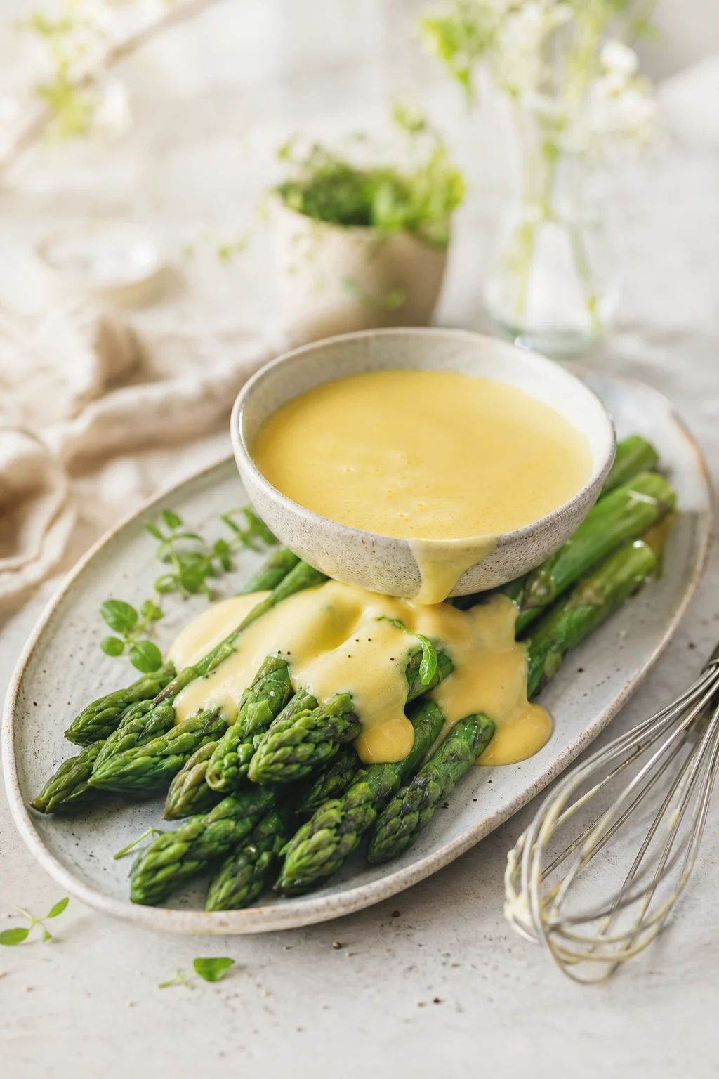 Sauce Hollandaise über grünem Spargel