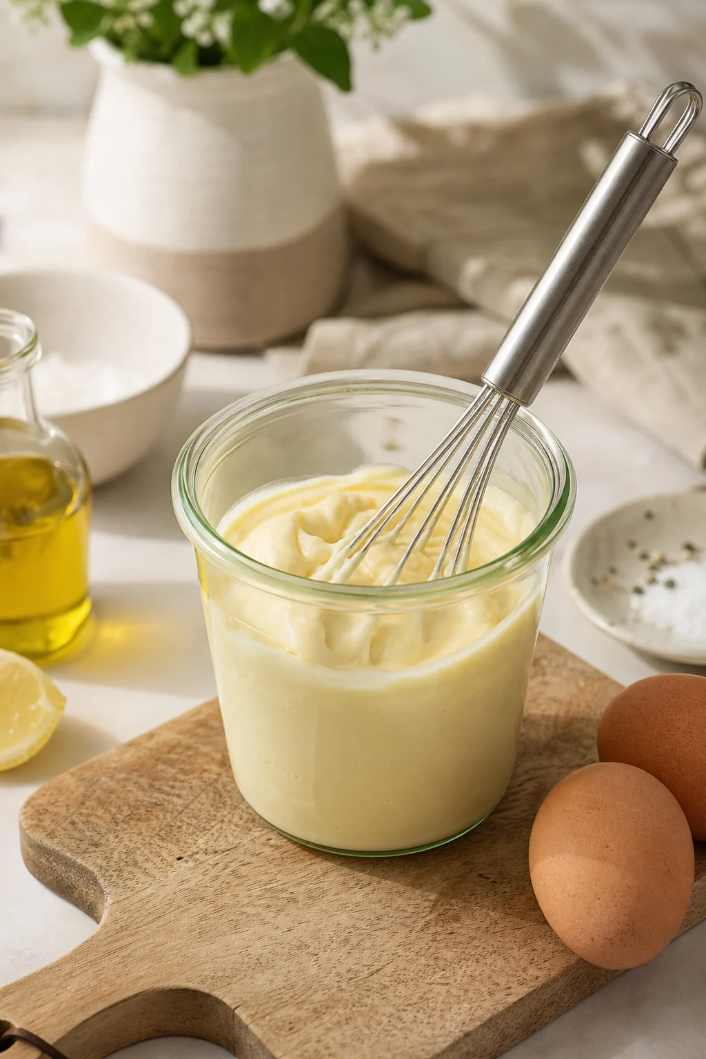 Selbst gemachte Mayonnaise im Glas