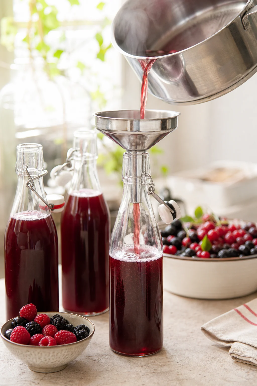 Sirup wird in Glasflaschen abgefüllt
